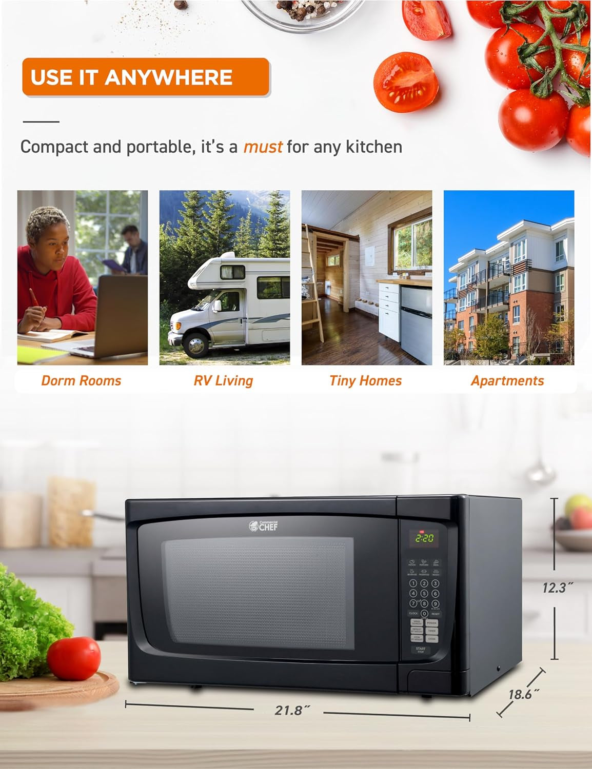 1.6 Cubic Foot Microwave with 10 Power Levels, Small Microwave with Push Button, 1000 Watt Microwave with Digital Control Panels, Countertop Microwave with Timer, Black