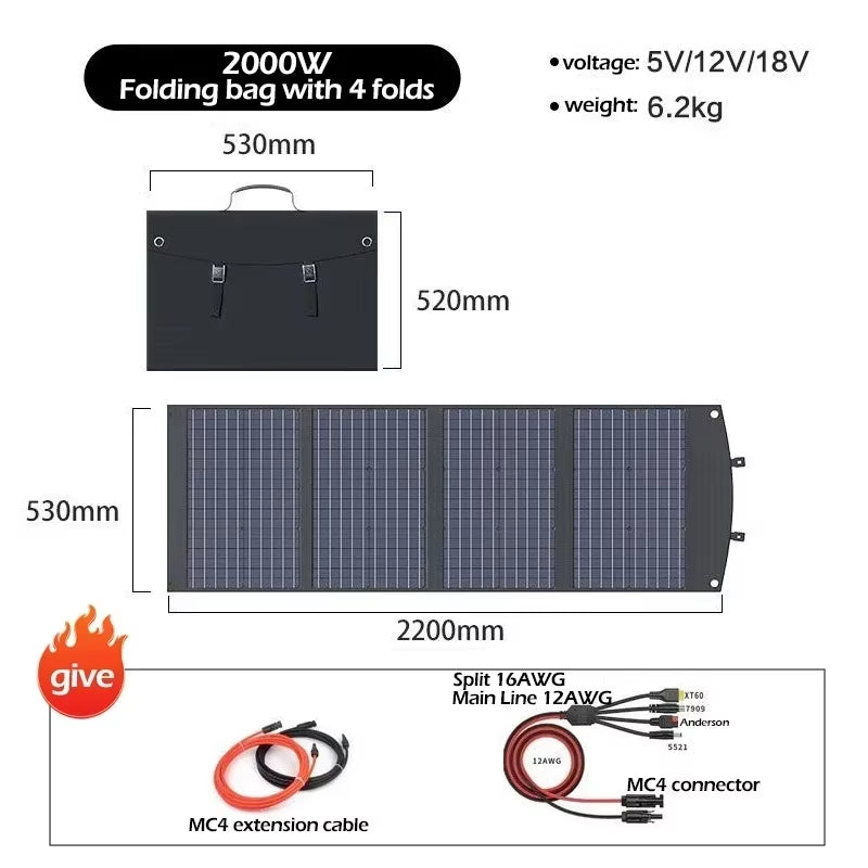 Flexible Foldable Solar Panel High Efficience Travel & Phone & Boat Portable 12V 2000W 1500W 1000W 500W Solar Panel Kit