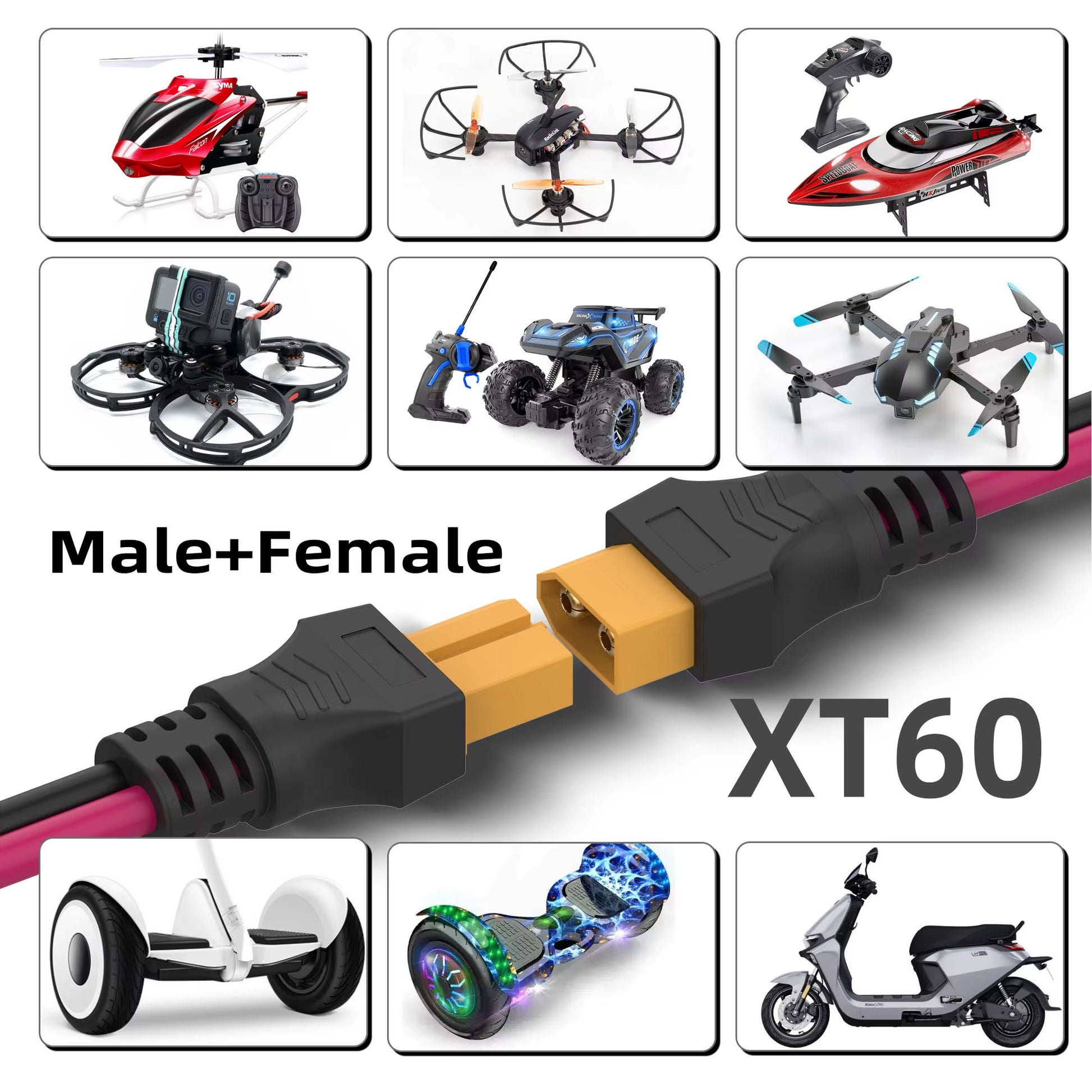 XT60 Extension Cable 12AWG XT60 to XT60 Cable, with Male to Female Connectors, Suitable for Solar Panel Remote Control Battery