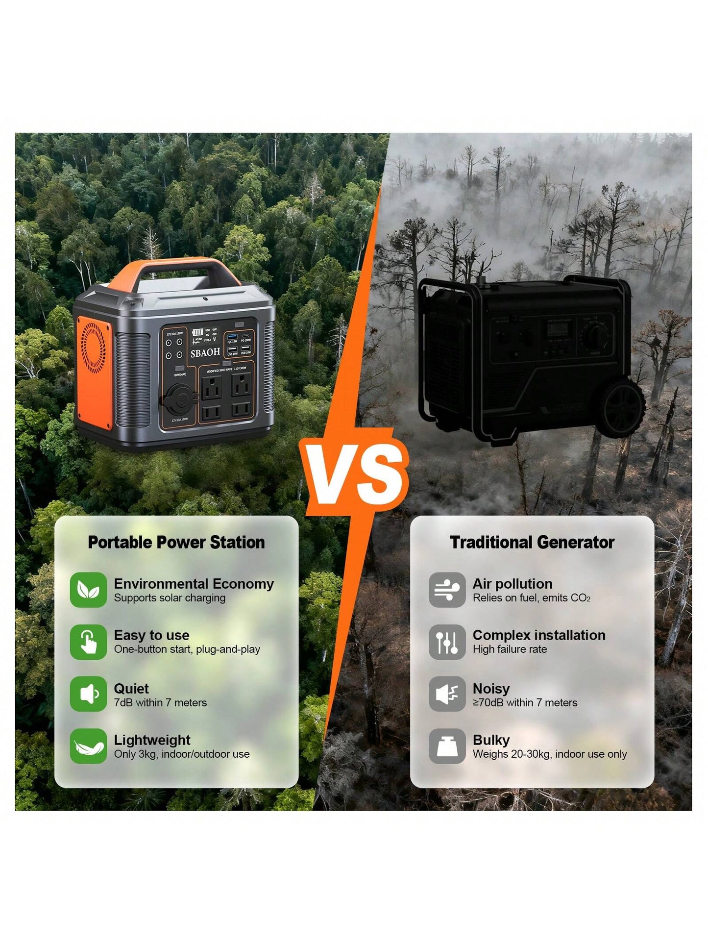 SBAOH 300W Portable Power Station - 296 Wh / 80000 Mah Solar Powered Generator,13 Outputs,Suitable for Home Backup, RV Camping, Emergency Power - Compatible with 60W Solar Panels (No Solar Panels)