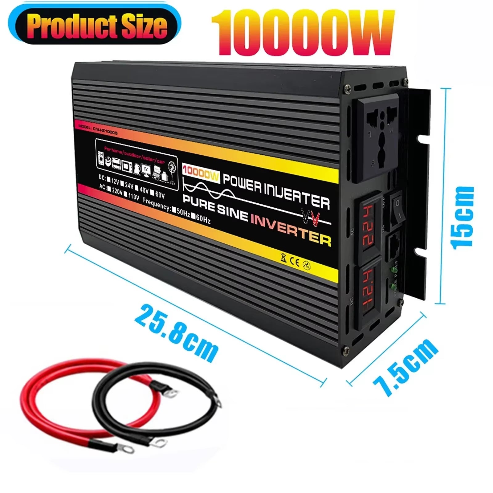 12000W Pure Sine Wave Power Inverter Voltage Transformer Digital Display Car Home Outdoor DC12V 220V Converter with Controller