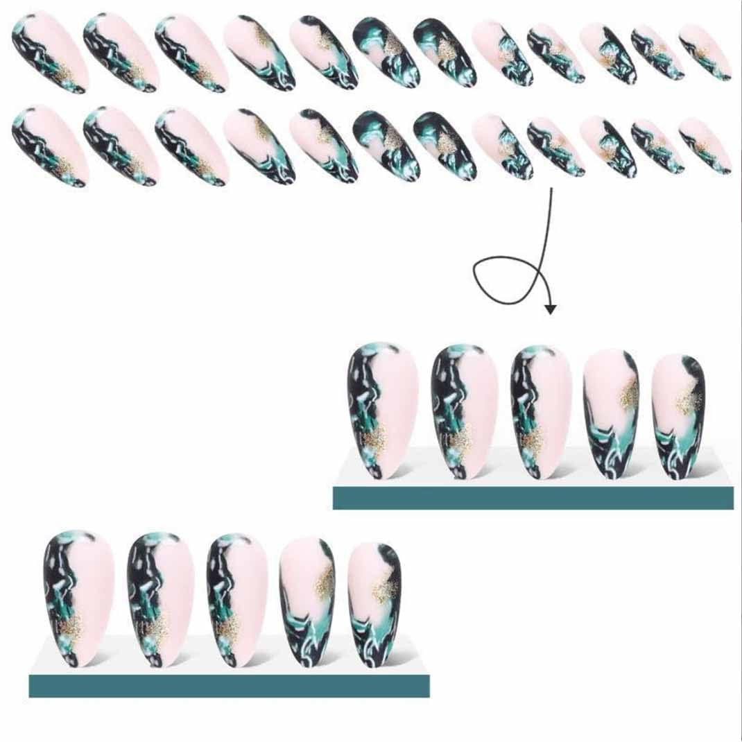 Almond Press Nails - Medium Fake Nails, Nude & Black, Glossy Stick On, Full Cover, 24 Pcs/Set