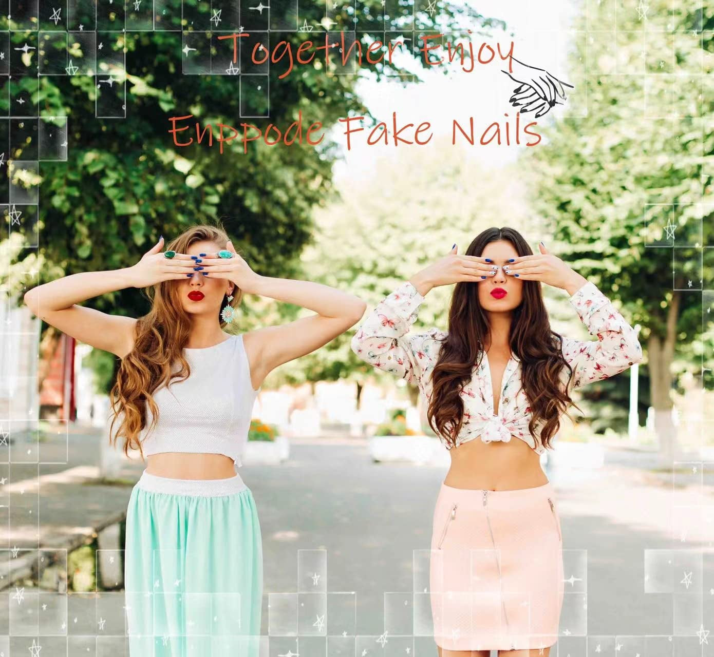 Almond Press Nails - Medium Fake Nails, Nude & Black, Glossy Stick On, Full Cover, 24 Pcs/Set