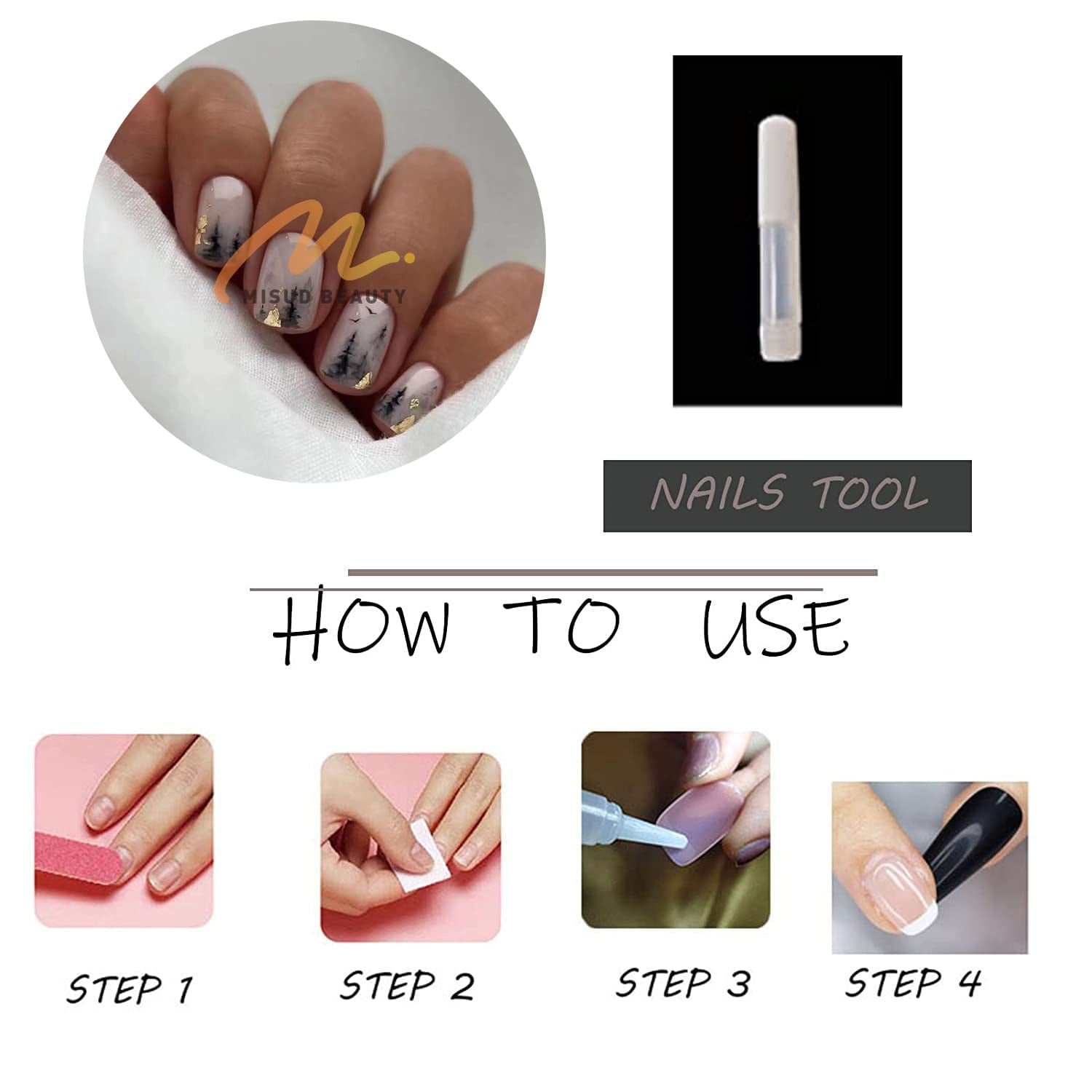 Press on Nails - Short Square Glue on Nails with Black Ink, Acrylic Gold Foil Design 24 Pcs