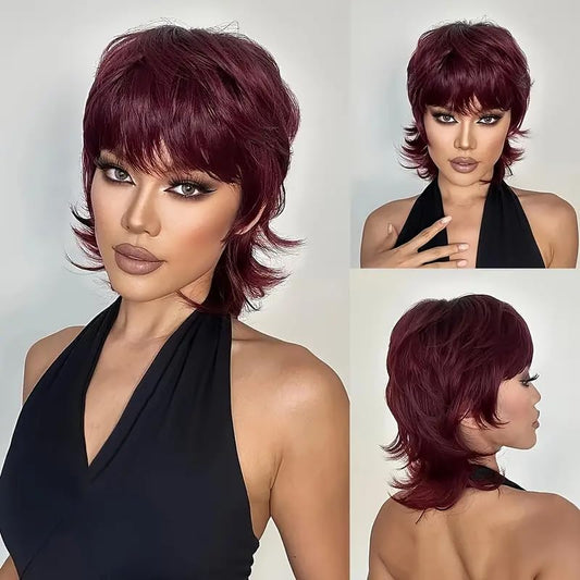 99J Red Short Mullet Pixie Cut Wigs Human Hair 80 90S Wear and Go Glueless Short Straight Bob Wig with Bangs 150% Brazilian Full Machine Human Hair Wig