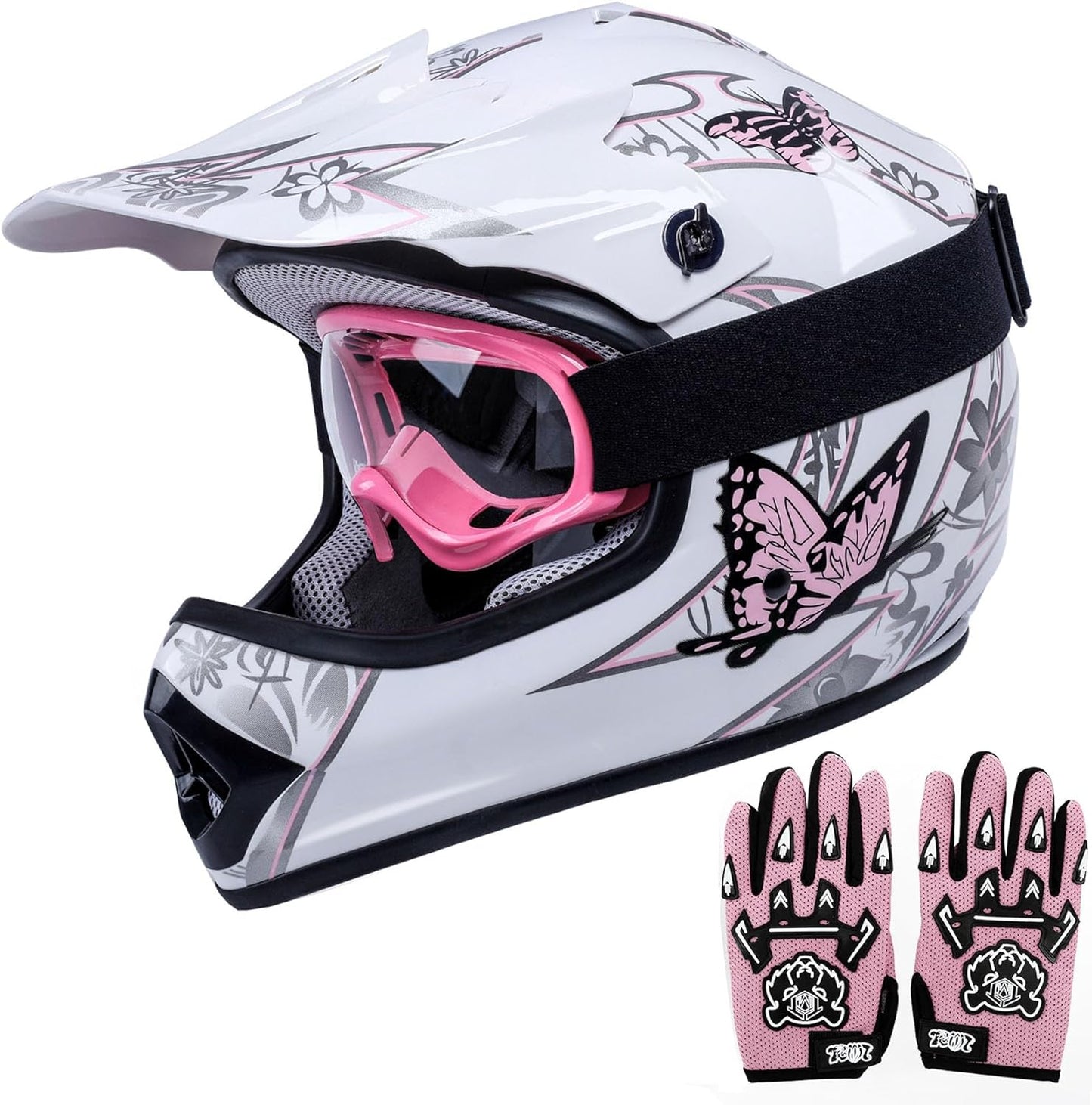 DOT Youth Kids Dirt Bike Full Face Helmets Motocross ATV Offroad Four Wheeler Helmet Pink Butterfly Medium Size