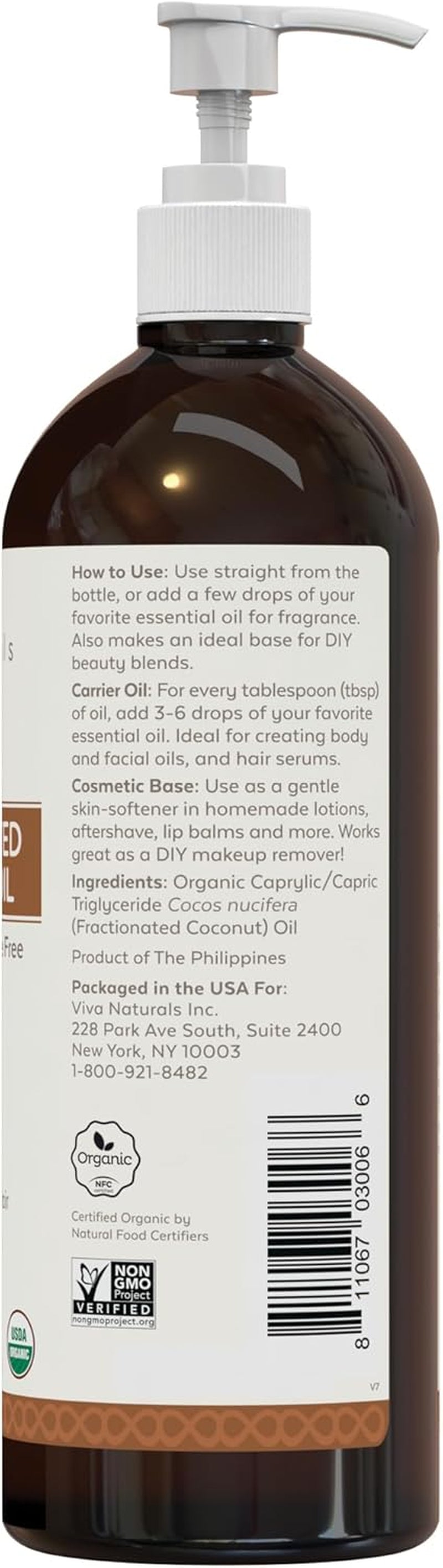 Organic Fractionated Coconut Oil, 16 Fl Oz – Skin & Hair Moisturizer, Massage Oil, Carrier Oil for Essential Oils