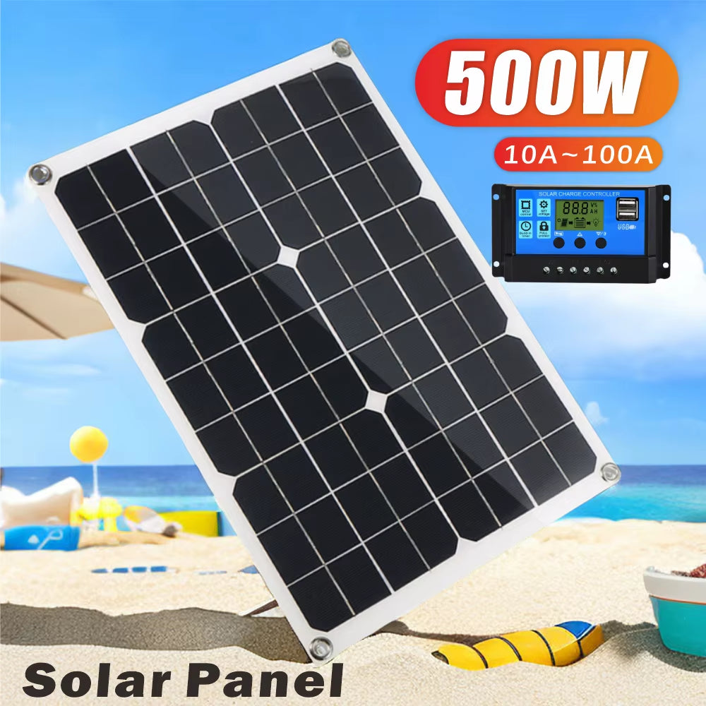 500W Solar Panel Flexible 12V Battery Charger Dual USB with 10-100A Controller Solar Cells Power Bank for Phone Car Yacht RV