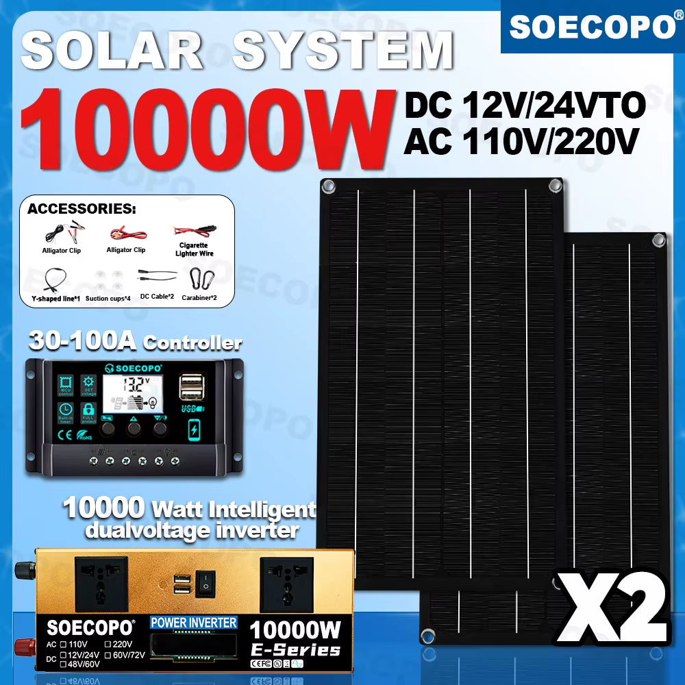 10000W Portable Home Full Solar Kit 2×600W Solar Panels Inverter (2 Sockets) 100A Controller – Camping Equipment, Car