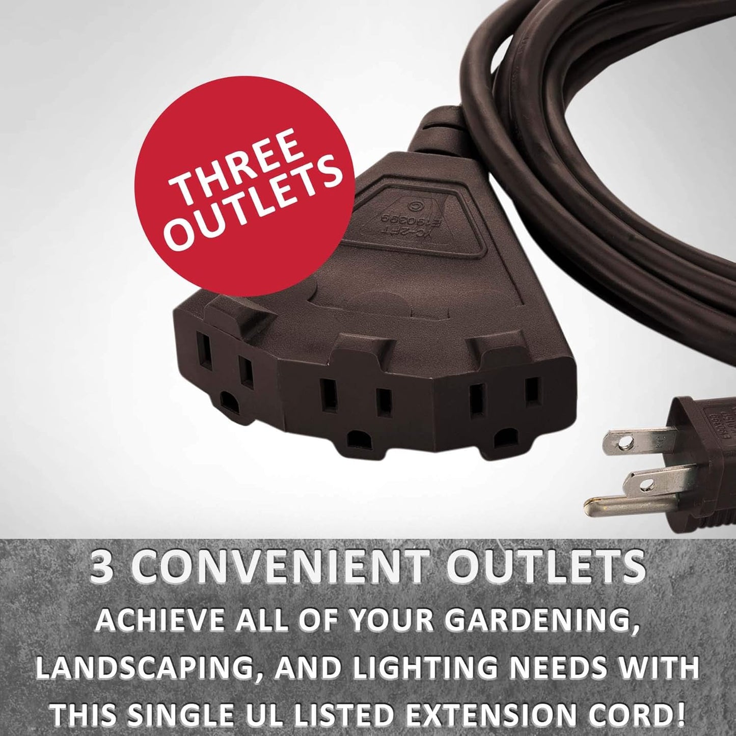 25-Foot Brown Extension Cord, 3-Prong Indoor & Outdoor Splitter, Perfect for Landscape Lighting