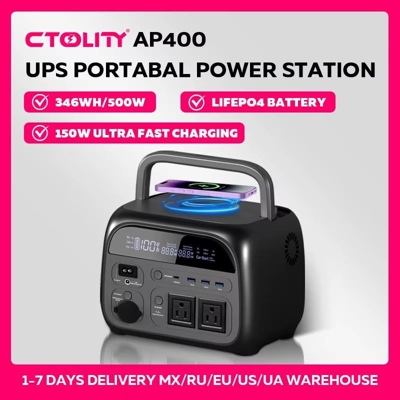 AP400 Solar Generator Portable Power Station UPS 346Wh 500W Lifepo4 Battery 3000+ Cycle Wireless 150W Ultrafast Charge