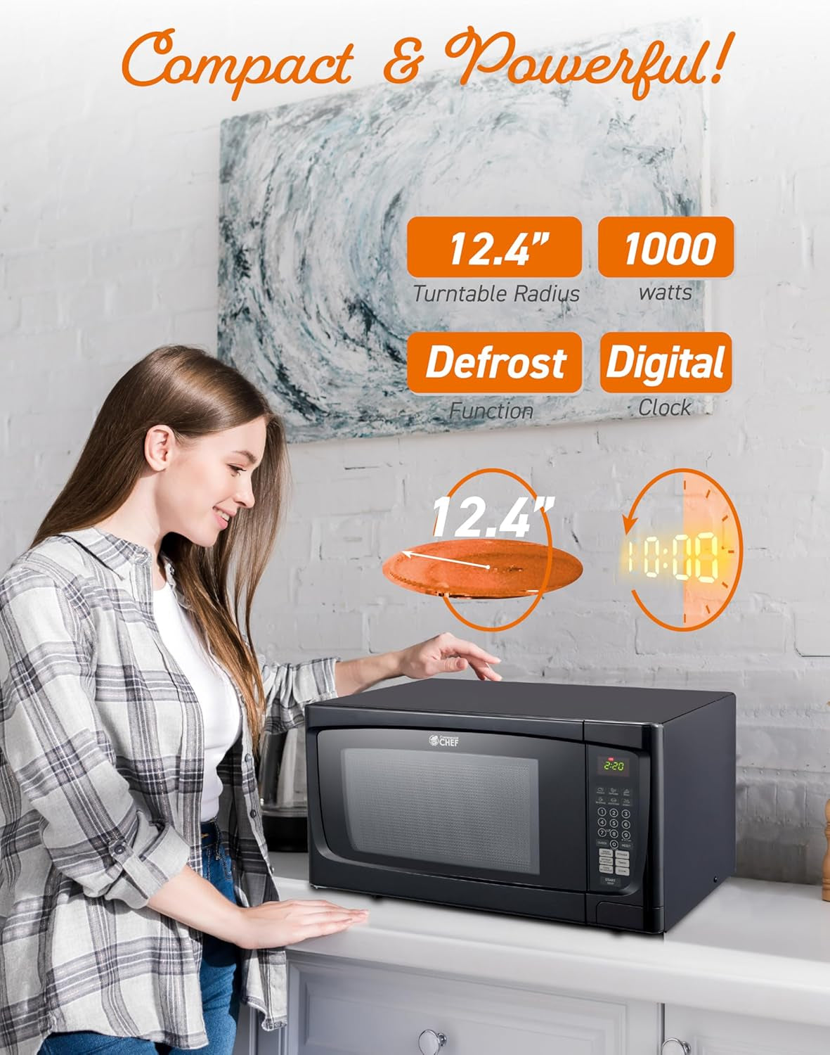 1.6 Cubic Foot Microwave with 10 Power Levels, Small Microwave with Push Button, 1000 Watt Microwave with Digital Control Panels, Countertop Microwave with Timer, Black