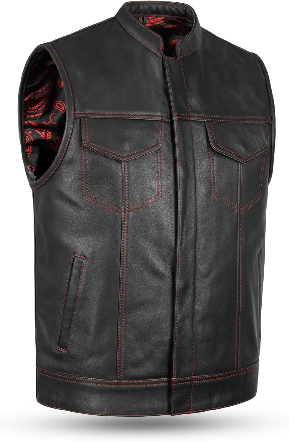 Mens Black Motorcycle Vests - Top Grain Cow Leather SOA Club & Traditional Paisley Satin Liner Leather Biker Vests