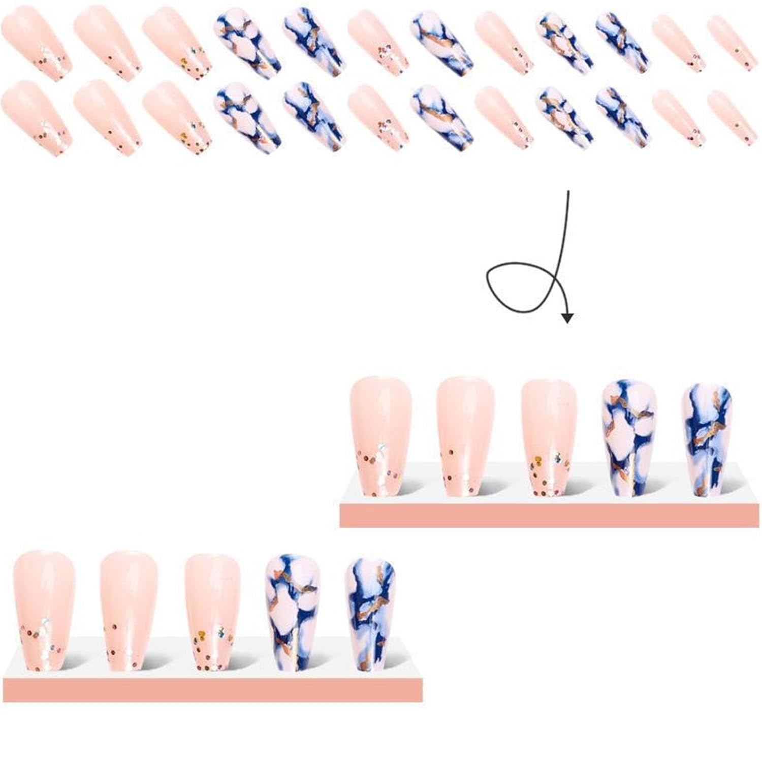 Coffin Press on Nails Medium Length Fake Nails Artificial False Nails with Blue Marble & Sequins Designs Glossy Acrylic Nails Nude Full Cover Glue on Nails for Women 24 Pcs