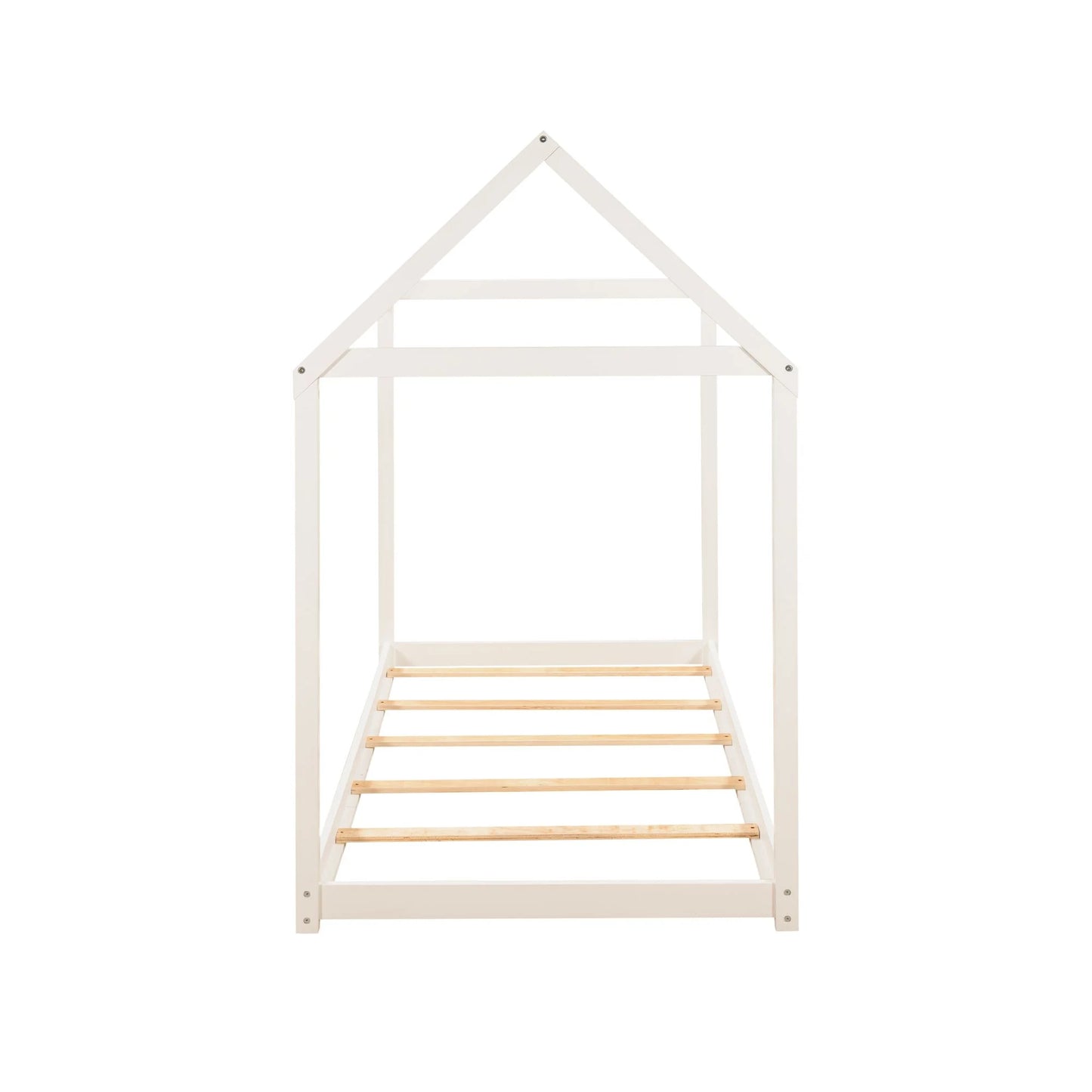 Wood Twin Size Kids House Bed Frame,Montessori Floor Bed for Toddler,White