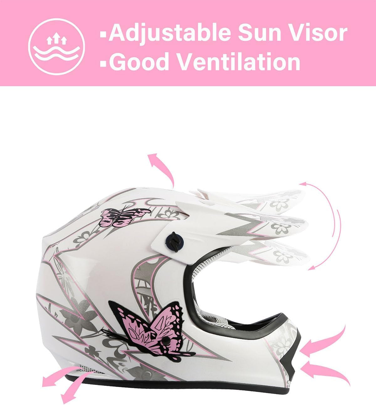 DOT Youth Kids Dirt Bike Full Face Helmets Motocross ATV Offroad Four Wheeler Helmet Pink Butterfly Medium Size
