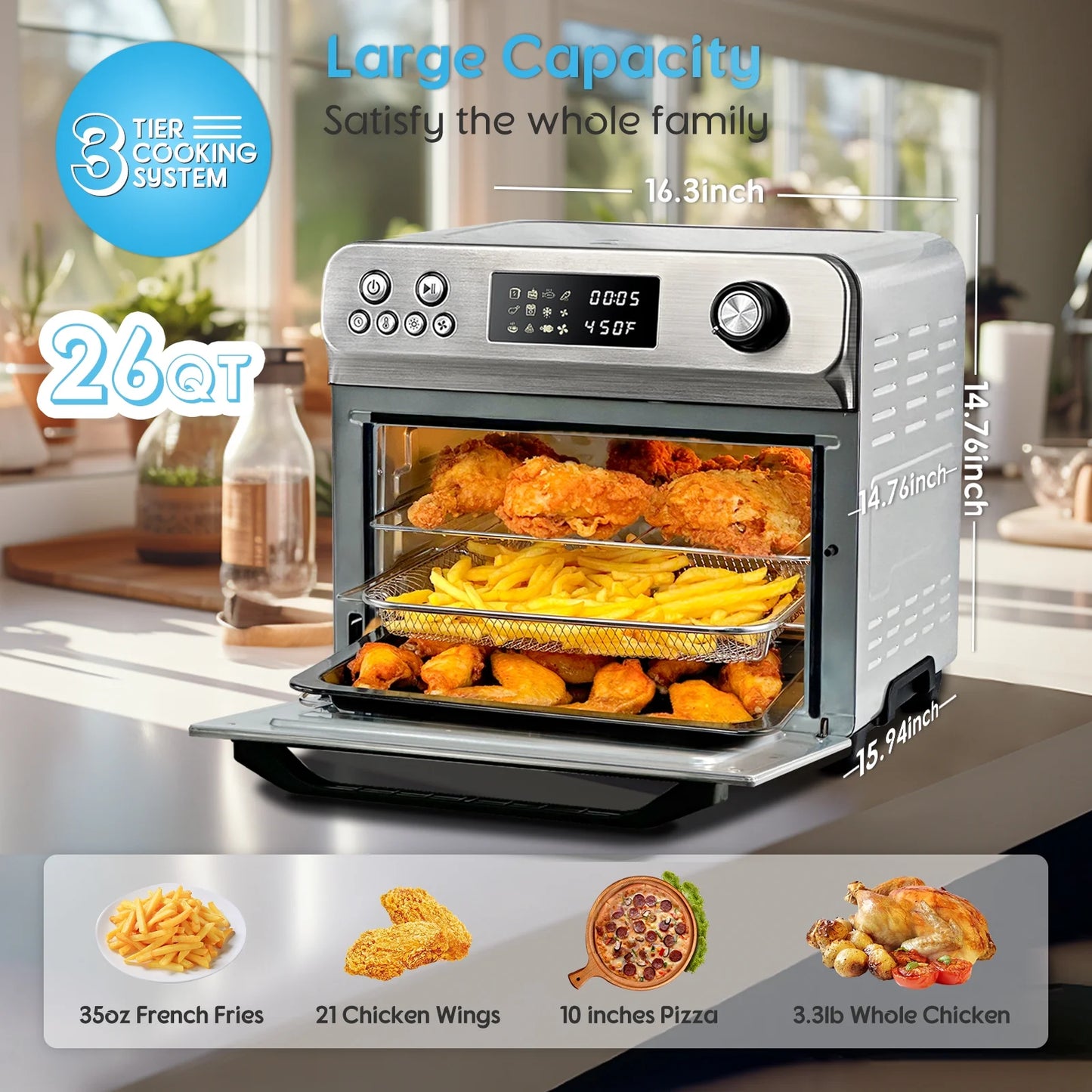 26QT Air Fryer Oven with Rotisserie 1800W Toaster Oven Air Fryer Combo, 10 in 1 Convection Oven Countertop, Airfryer Toaster Oven, Mini Toaster Oven,Easy to Clean