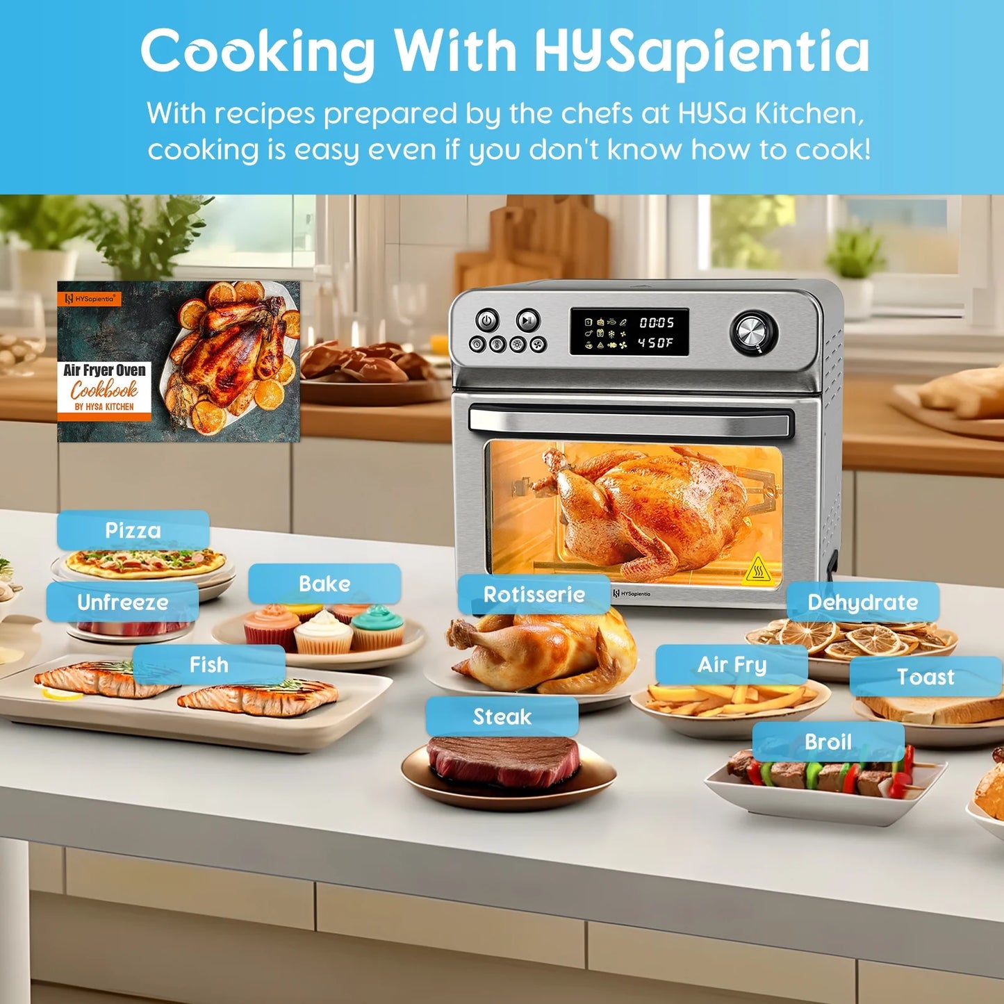 26QT Air Fryer Oven with Rotisserie 1800W Toaster Oven Air Fryer Combo, 10 in 1 Convection Oven Countertop, Airfryer Toaster Oven, Mini Toaster Oven,Easy to Clean