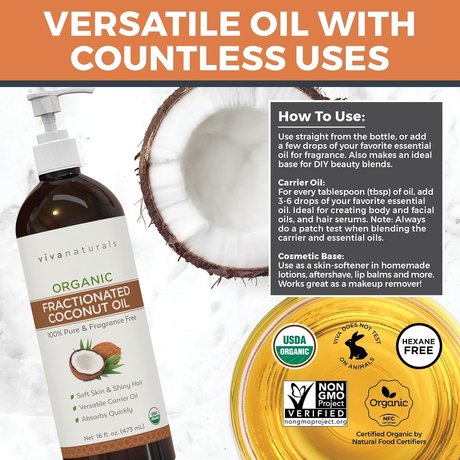 Organic Fractionated Coconut Oil, 16 Fl Oz – Skin & Hair Moisturizer, Massage Oil, Carrier Oil for Essential Oils