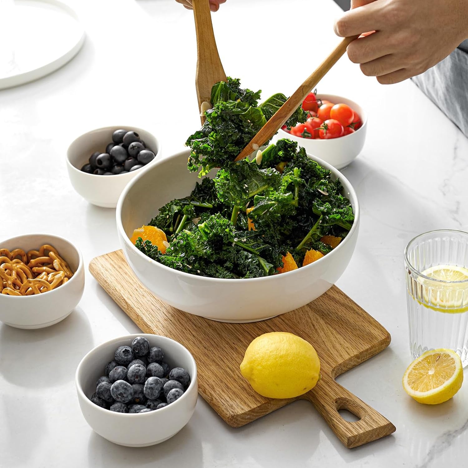 Serving Bowls, 9.5" Large Salad Bowls for Entertaining, Side Dishes, Pho, Pasta, Centerpiece Bowls for Dinner Parties, Kitchen Decor, Microwave & Dishwasher Safe, White