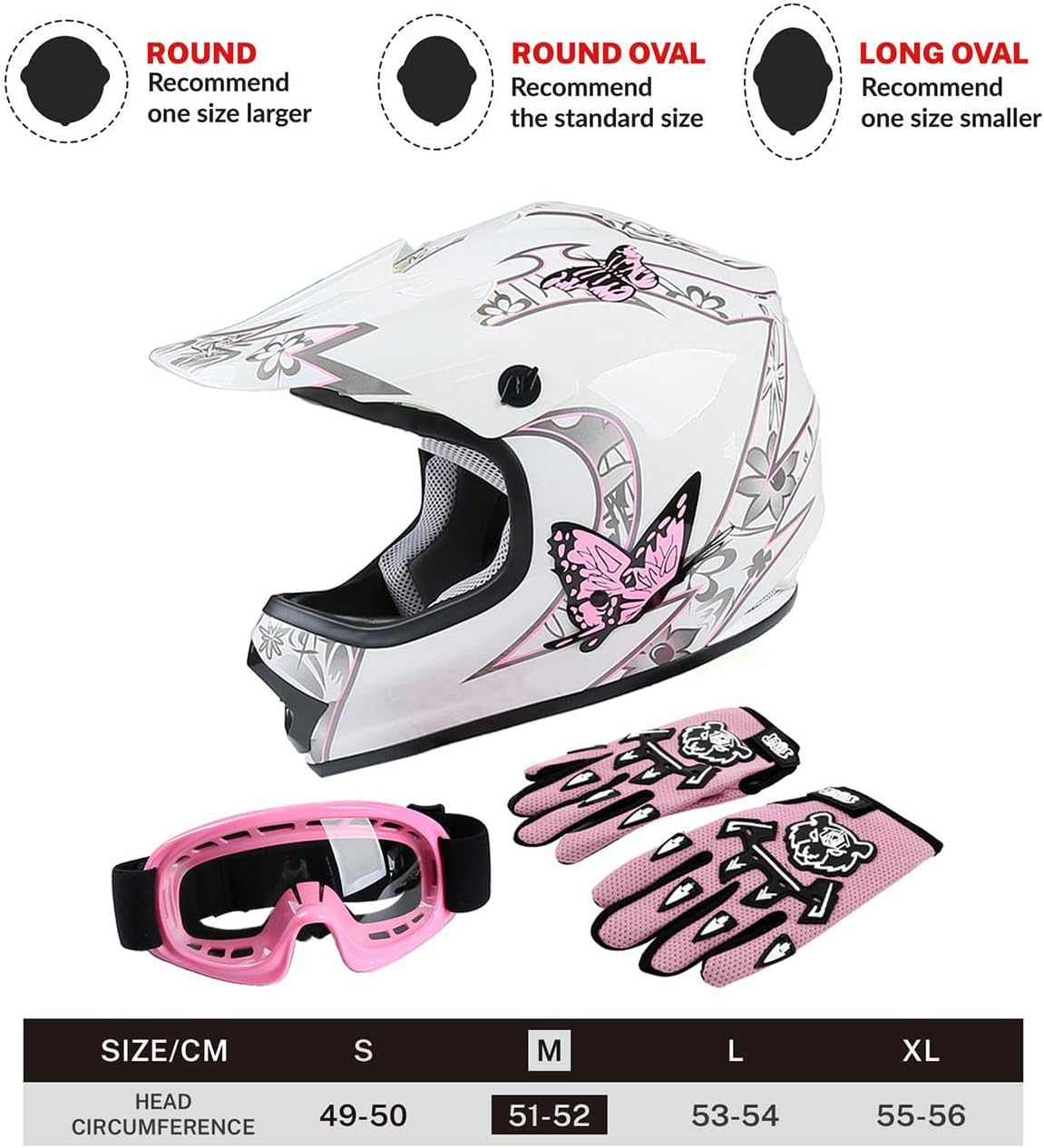 DOT Youth Kids Dirt Bike Full Face Helmets Motocross ATV Offroad Four Wheeler Helmet Pink Butterfly Medium Size