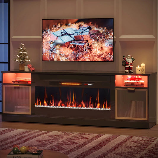 70 Inch Fireplace TV Stand with 36" Electric Fireplace, High Gloss Entertainment Center for Tvs up to 80 Inch with LED Lights & Storage Cabinets, Black