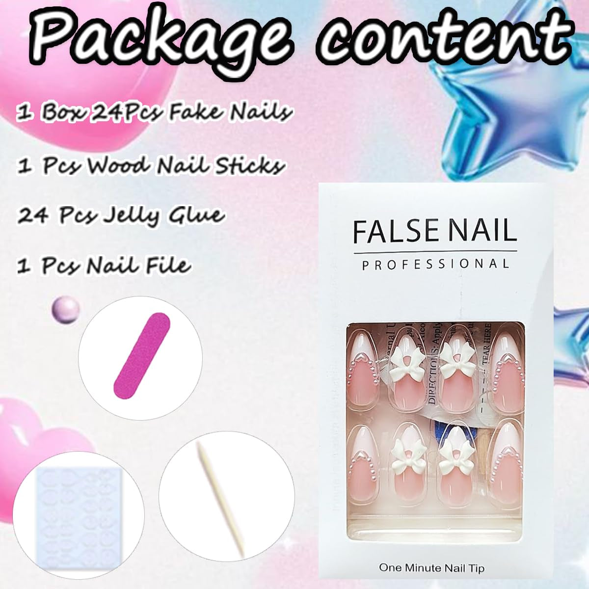 24Pcs Almond Shaped Artificial Nails - French Tips with Cute Bow Charms Design - Nude Pink Acrylic Nails for Women & Girls