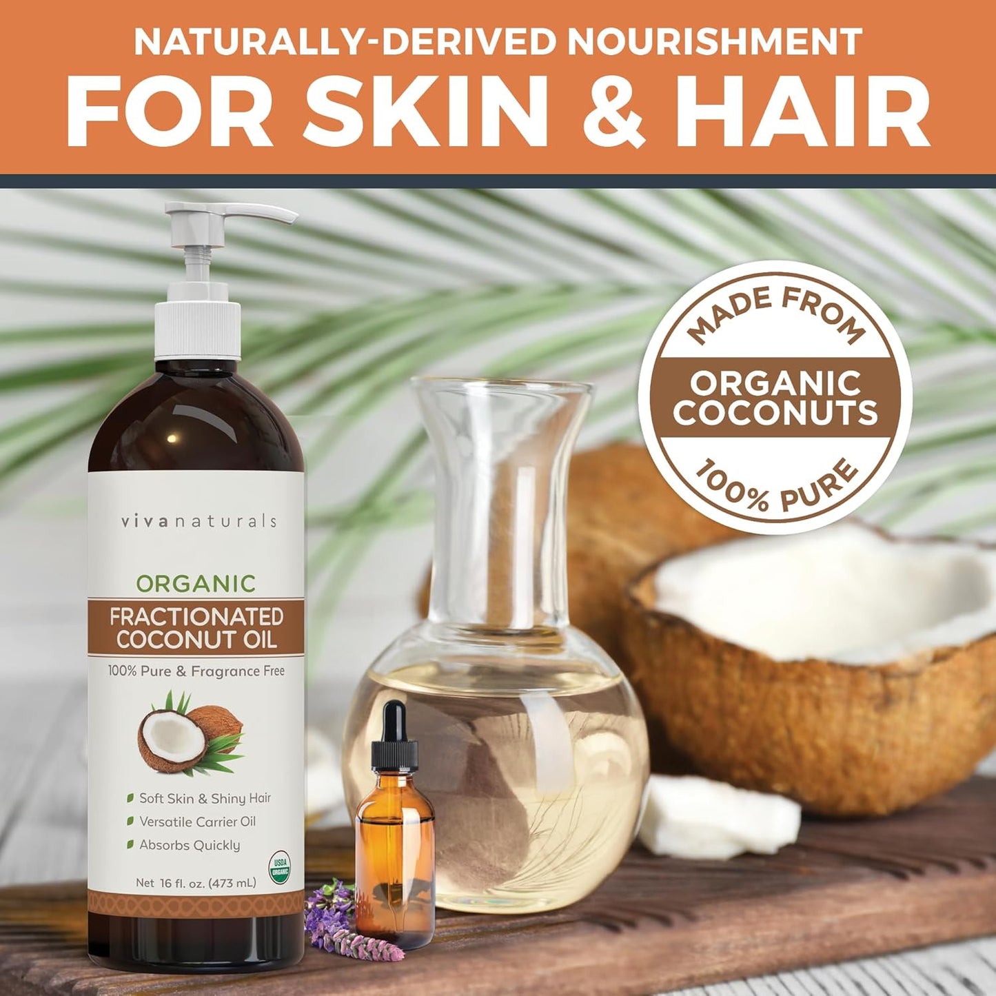 Organic Fractionated Coconut Oil, 16 Fl Oz – Skin & Hair Moisturizer, Massage Oil, Carrier Oil for Essential Oils