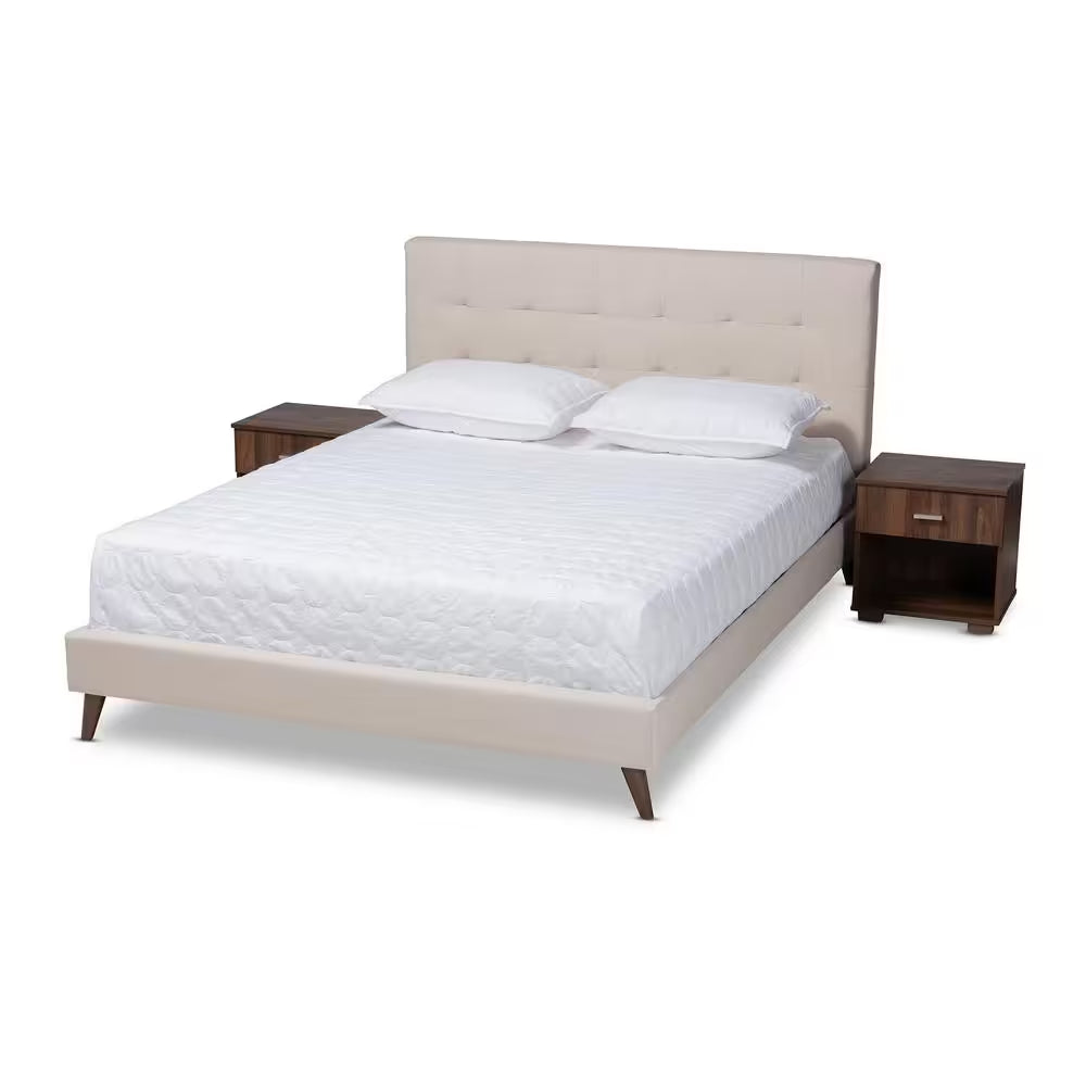 Maren Beige and Walnut Queen Platform Bed with 2-Nightstands