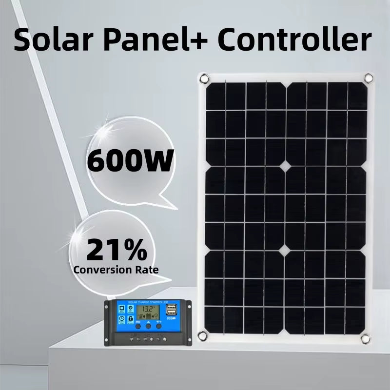 600W Solar Panel Kit 15V USB with 100A Controller Solar Cell Car Yacht RV Mobile Phone Battery Charger Outdoor Power Supply