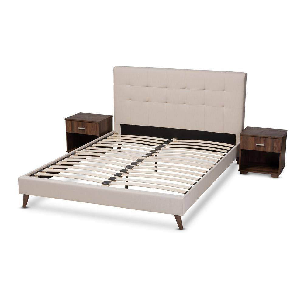 Maren Beige and Walnut Queen Platform Bed with 2-Nightstands