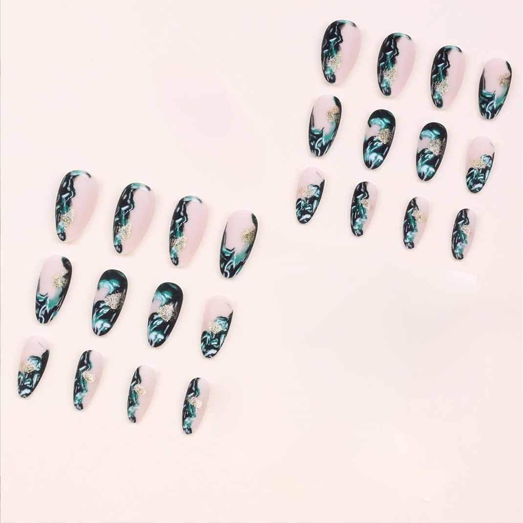 Almond Press Nails - Medium Fake Nails, Nude & Black, Glossy Stick On, Full Cover, 24 Pcs/Set