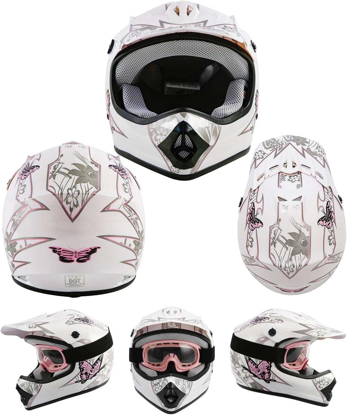 DOT Youth Kids Dirt Bike Full Face Helmets Motocross ATV Offroad Four Wheeler Helmet Pink Butterfly Medium Size