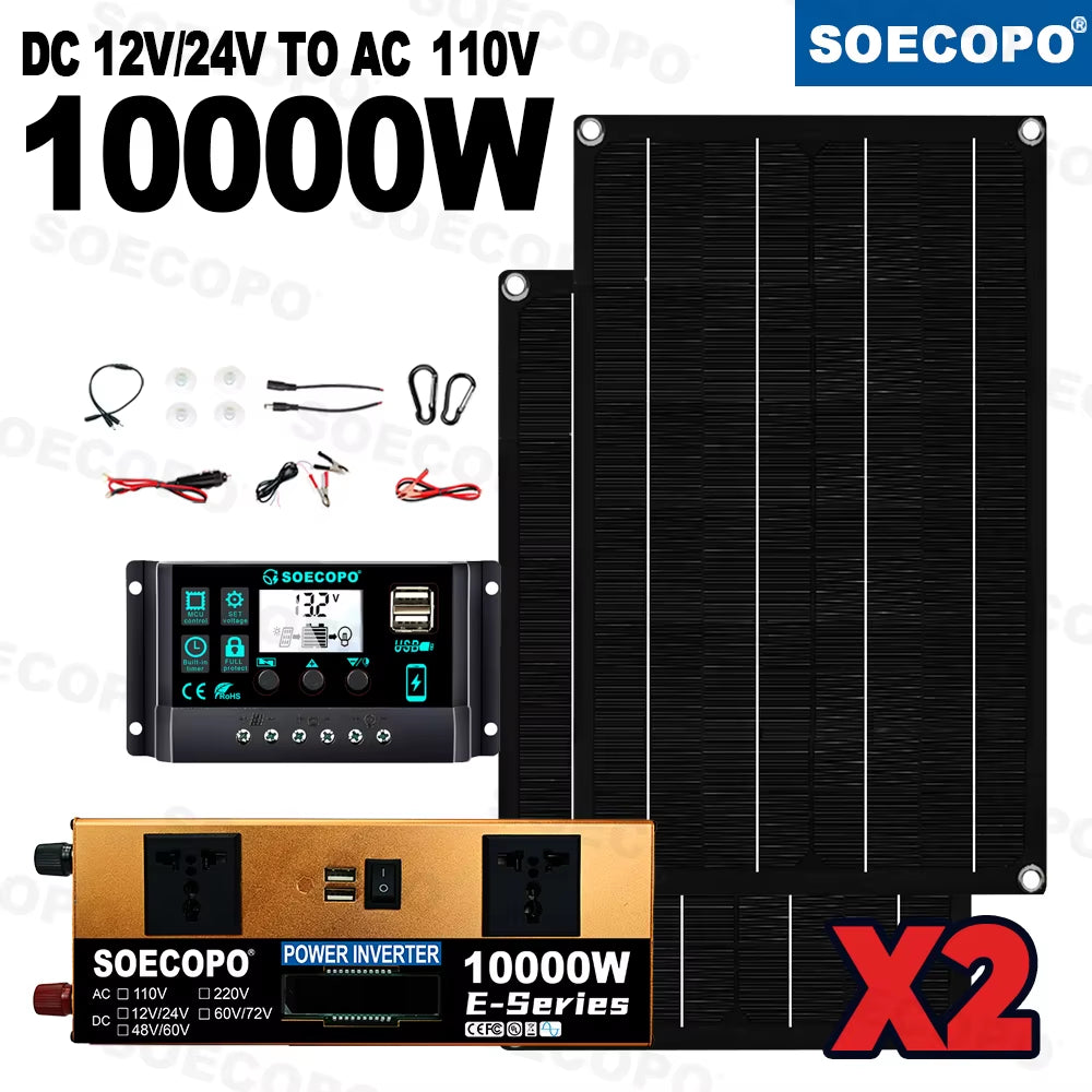 10000W Portable Home Full Solar Kit 2×600W Solar Panels Inverter (2 Sockets) 100A Controller – Camping Equipment, Car