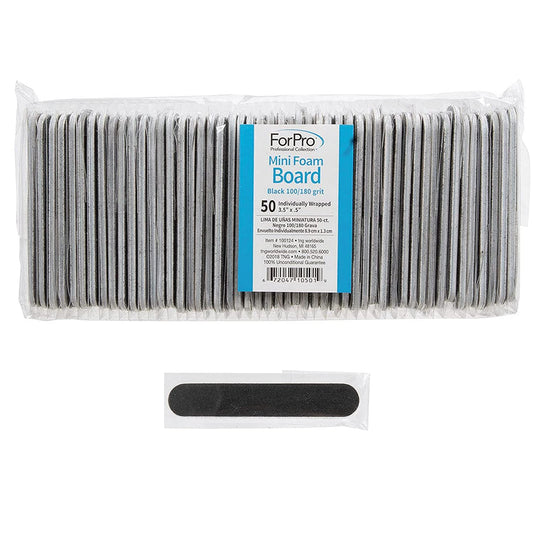 Mini Foam Board, Black, 100/180 Grit, Double-Sided Manicure Nail File, Individually-Wrapped, 3.5” L X .5” W, 50-Count