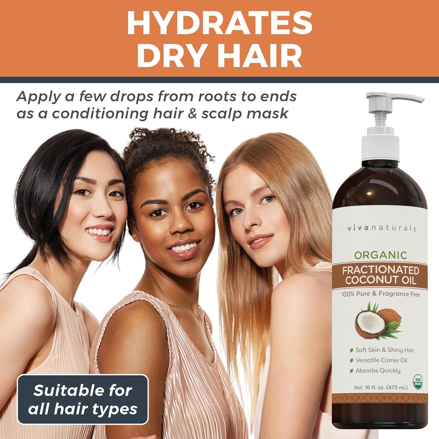 Organic Fractionated Coconut Oil, 16 Fl Oz – Skin & Hair Moisturizer, Massage Oil, Carrier Oil for Essential Oils