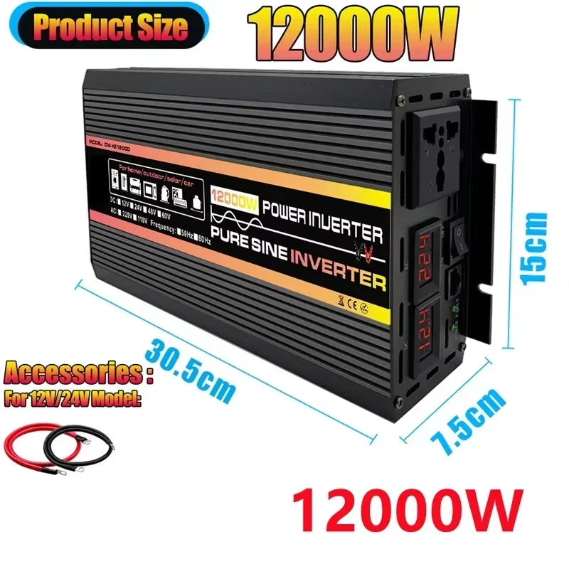 12000W Pure Sine Wave Power Inverter Voltage Transformer Digital Display Car Home Outdoor DC12V 220V Converter with Controller