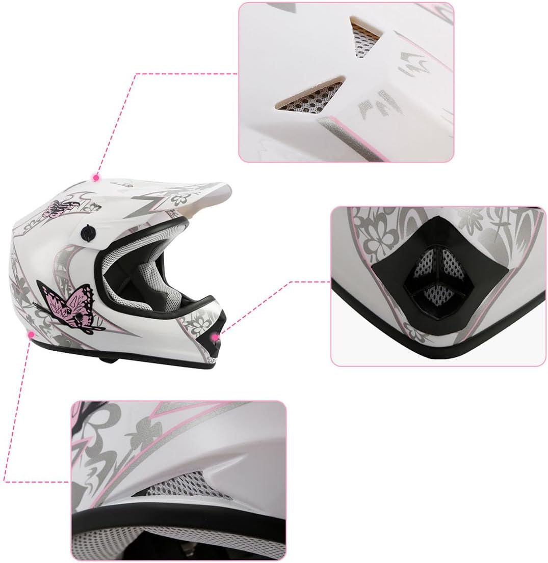 DOT Youth Kids Dirt Bike Full Face Helmets Motocross ATV Offroad Four Wheeler Helmet Pink Butterfly Medium Size