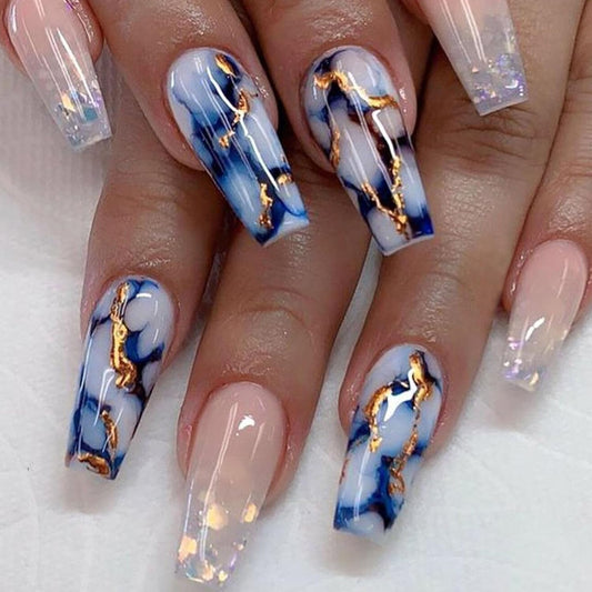 Coffin Press on Nails Medium Length Fake Nails Artificial False Nails with Blue Marble & Sequins Designs Glossy Acrylic Nails Nude Full Cover Glue on Nails for Women 24 Pcs