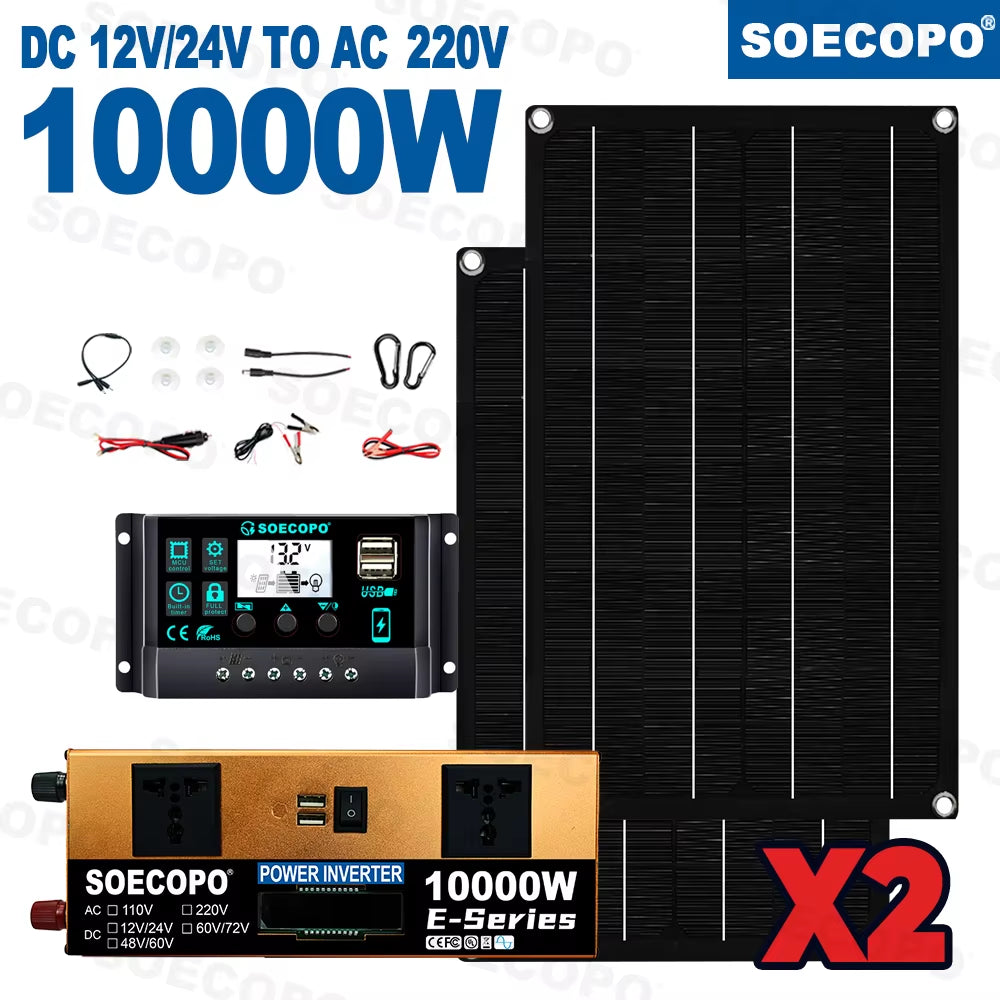10000W Portable Home Full Solar Kit 2×600W Solar Panels Inverter (2 Sockets) 100A Controller – Camping Equipment, Car