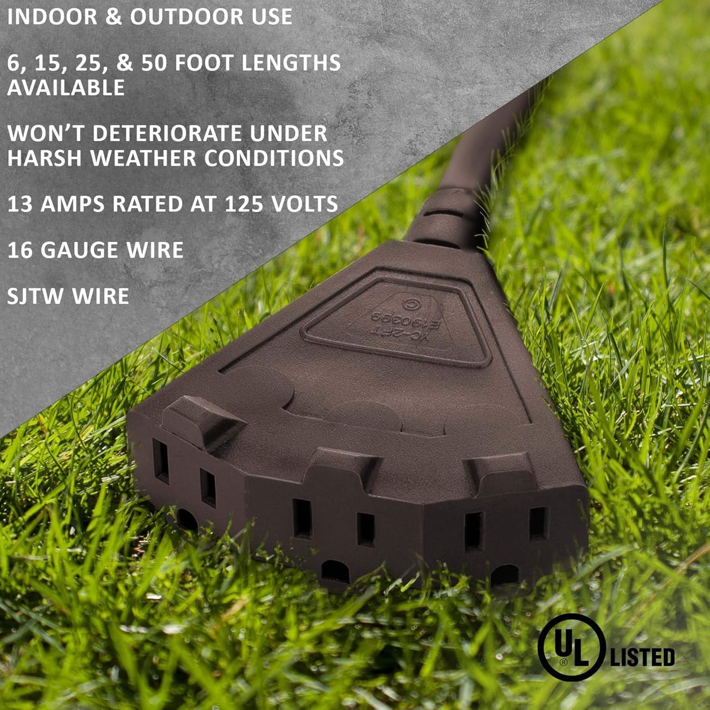 25-Foot Brown Extension Cord, 3-Prong Indoor & Outdoor Splitter, Perfect for Landscape Lighting