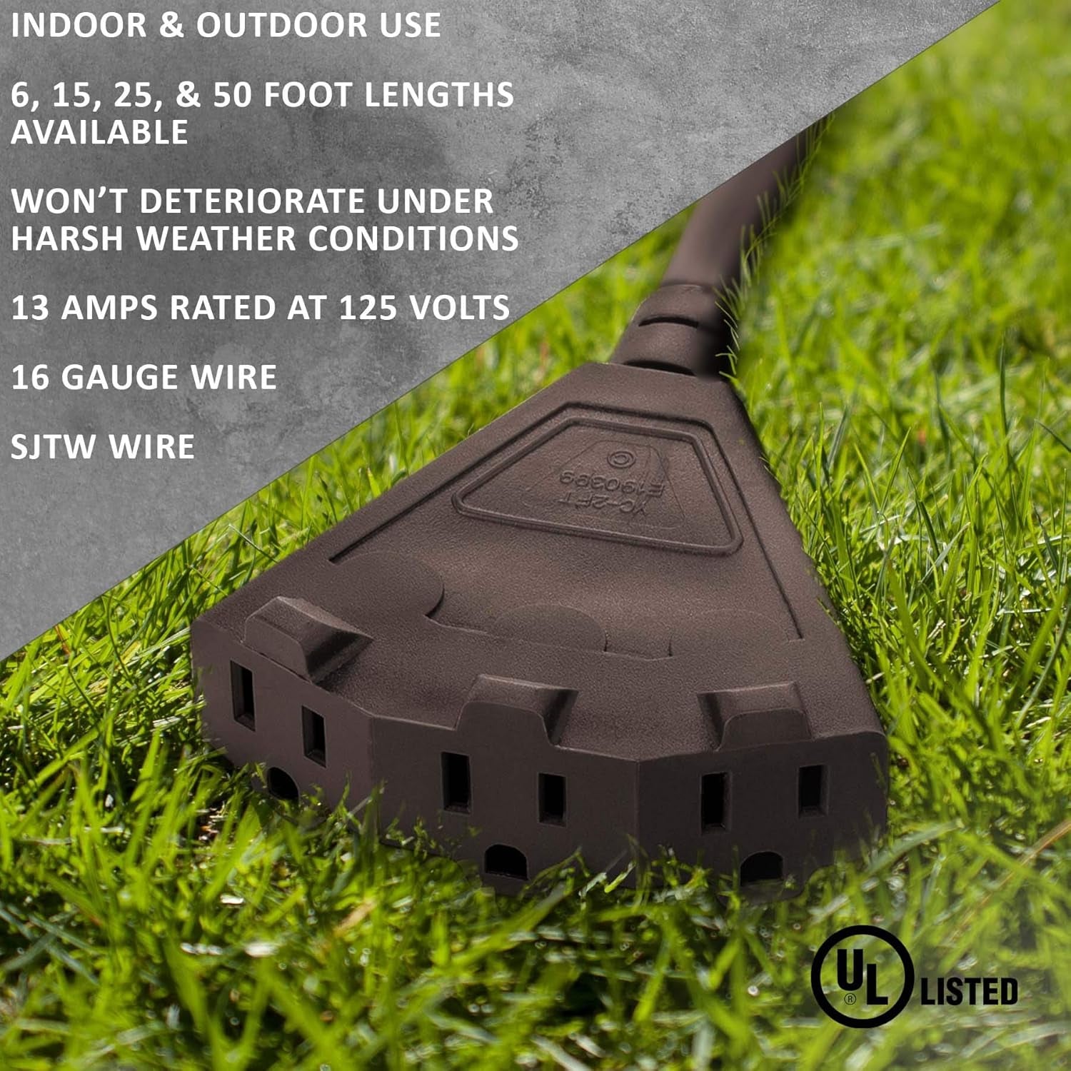 25-Foot Brown Extension Cord, 3-Prong Indoor & Outdoor Splitter, Perfect for Landscape Lighting