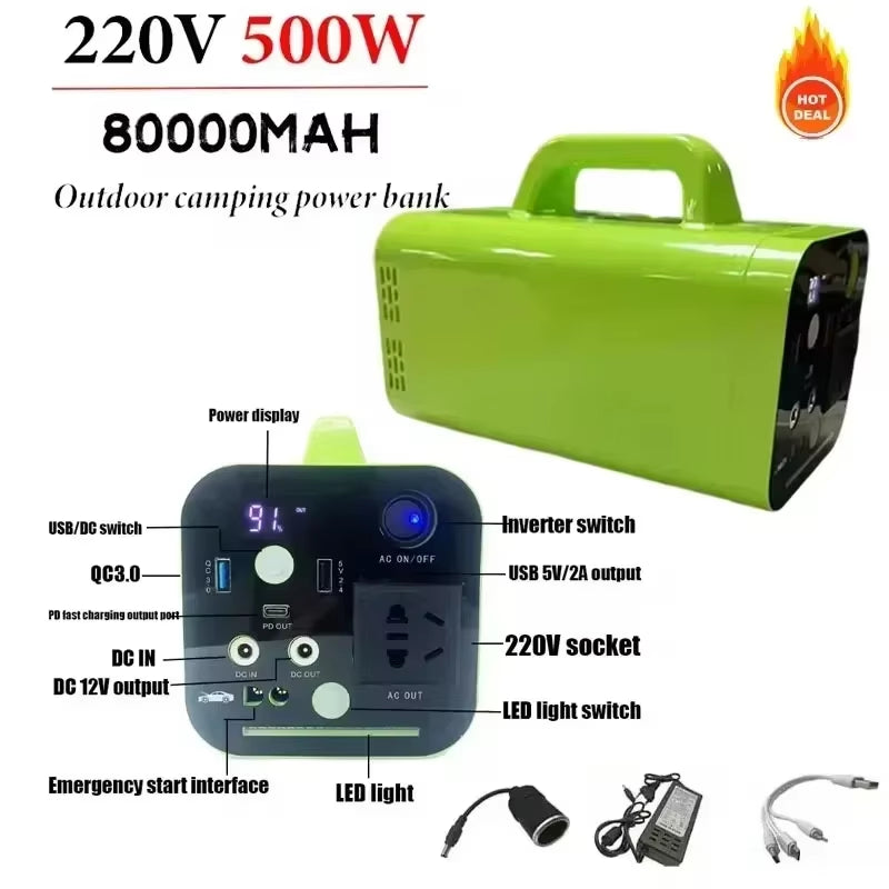500W 80000Mah Portable Power Station 220V Generator Lifepo4 Battery Outdoor Camping Charger Emergency Power Bank AC DC Output