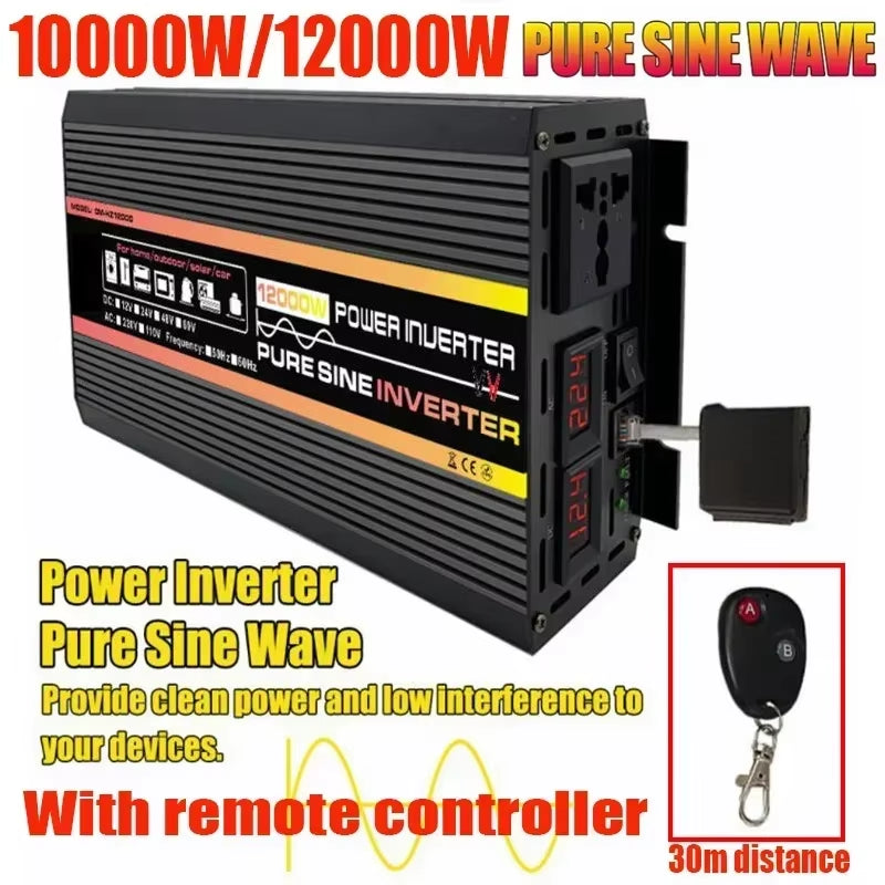 12000W Pure Sine Wave Power Inverter Voltage Transformer Digital Display Car Home Outdoor DC12V 220V Converter with Controller