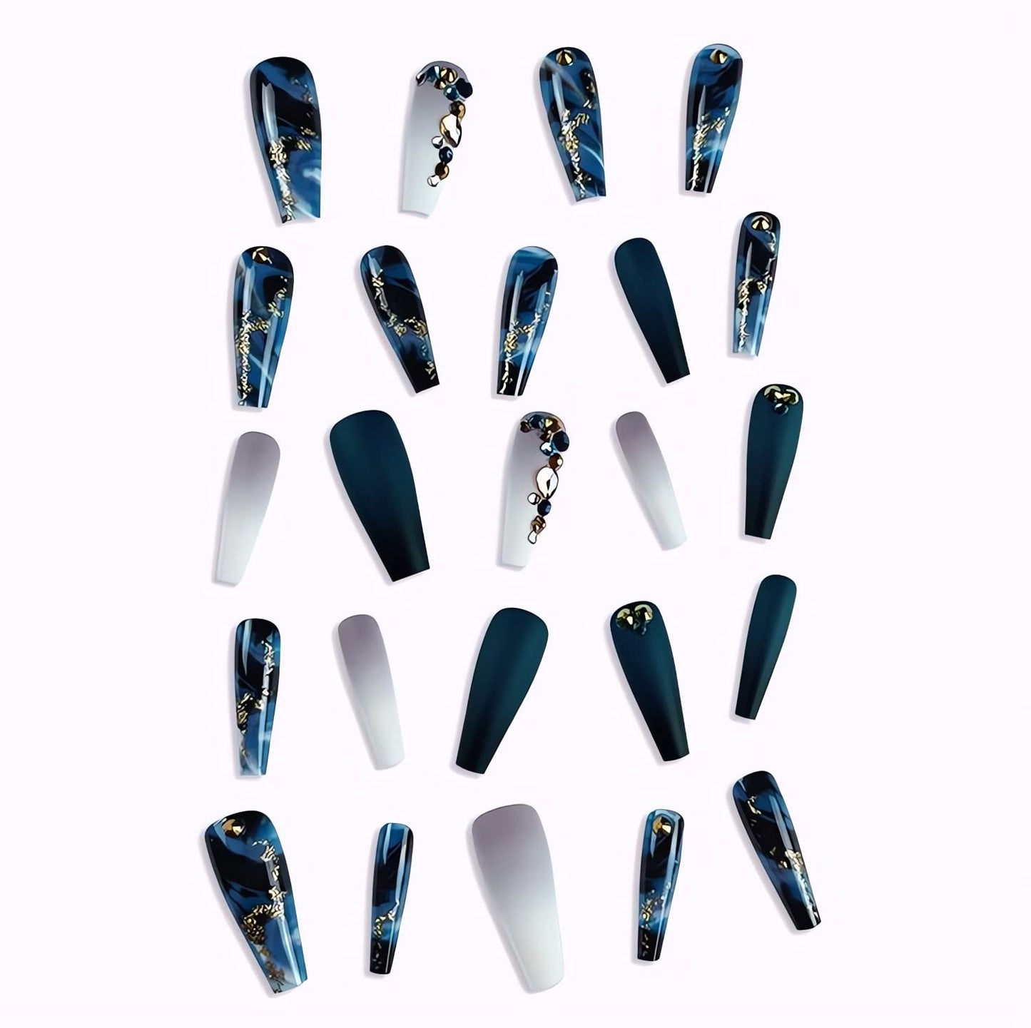 Long Press on Nails Navy Blue Coffin Fake Nails French Marble False Nails with Glitter Designs Rhinestones Glue on Nail Matte Stick on Artificial Nails for Women 24Pcs