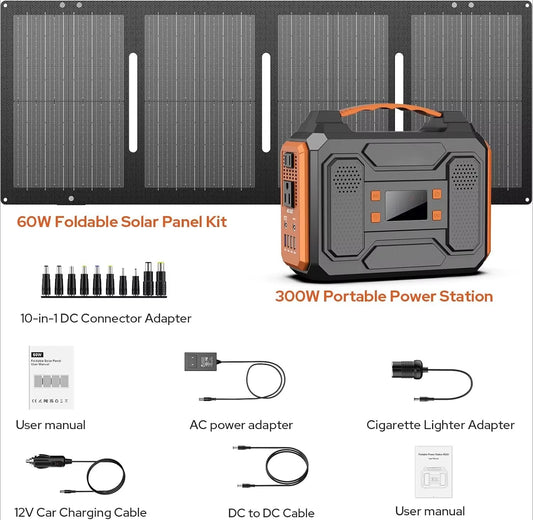 Portable Solar Generator, 300W Portable Power Station with Foldable 60W Solar Panel, 110V Pure Sine Wave 280Wh