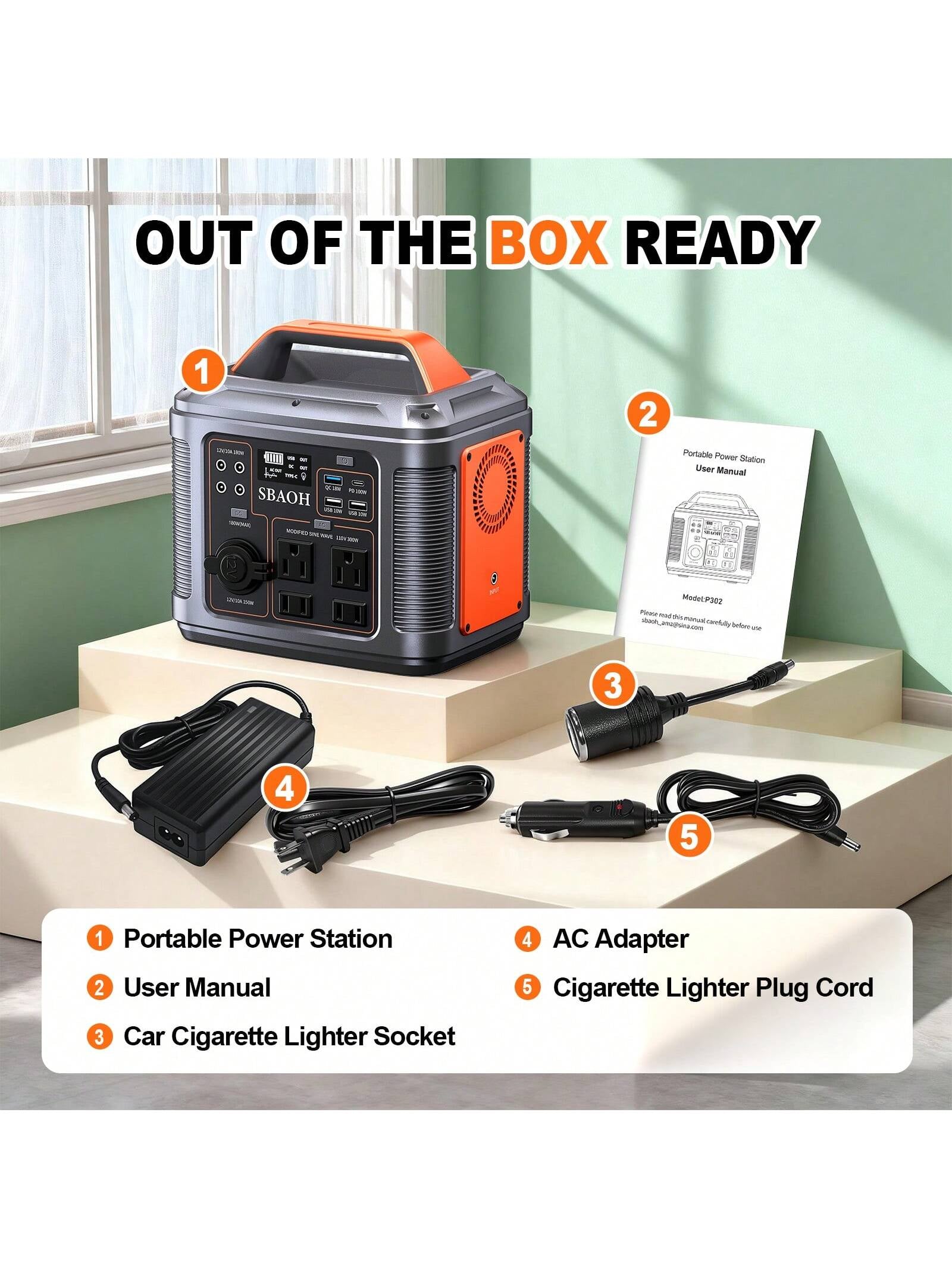 SBAOH 300W Portable Power Station - 296 Wh / 80000 Mah Solar Powered Generator,13 Outputs,Suitable for Home Backup, RV Camping, Emergency Power - Compatible with 60W Solar Panels (No Solar Panels)